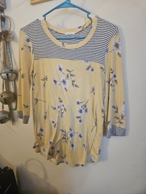 12 Pm By Mon Ami Yellow Floral Stripe Yoke Top